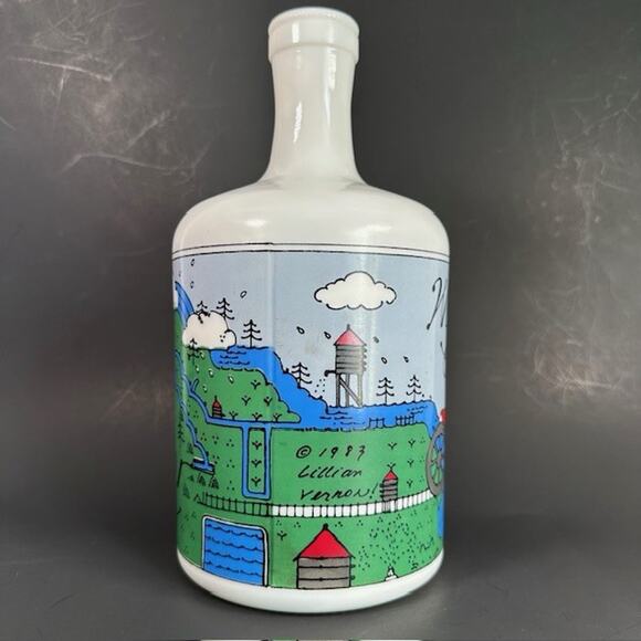 Lillian Vernon Milk Glass Water Jug 1980s Painted Lake Mountains Sailboats VTG - Picture 3 of 16